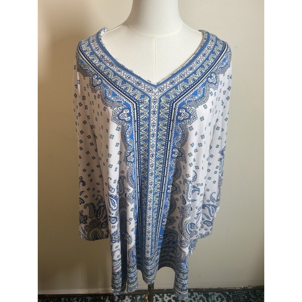 J M Collection Women's Pullover Plus 1x Multicolor Paisley Bell Sleeves 299